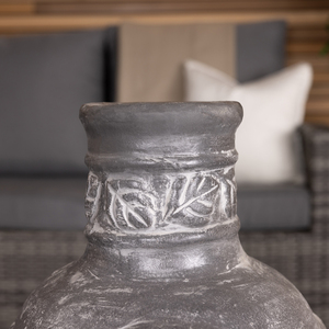 Leaf Motif Clay Chiminea BBQ Grill Leaf Design Rain Lid - Grey by Charles Bentley