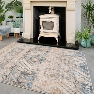 Beige Multicolour Distressed Diamond Living Area Rug by The Rug House
