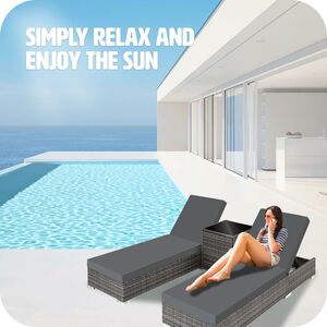 2 Rattan Sunloungers with Table and Protective Cover - Grey by tectake