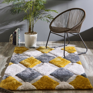 Yellow Grey Carved Diamond Shaggy Rug - Ochre / 160cm by The Rug Wholesaler
