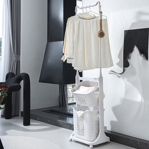 2 Tier Plastic Laundry Baskets with Hanging Rack and Wheels - White by lifeideas