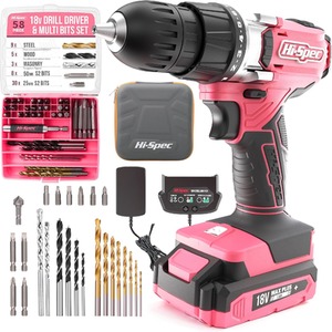58 Pink 18V Cordless Power Drill Driver - Pink by Hi-Spec