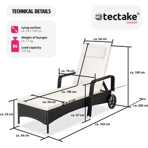 Rattan Garden Sun Lounger with 6 Position Backrest - Black/Beige by tectake