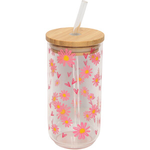 Daisy Daze Glass Drinking jar - Pink