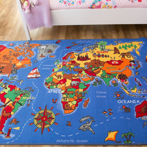 Children's Educational Blue World Map Play Mat Bedroom Rug - Blue / 200 x 95cm by The Rug House
