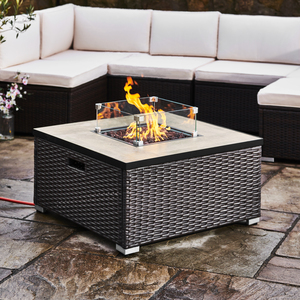Square Rattan Outdoor Gas Fire Pit Table with Screen - Brown by Teamson Home