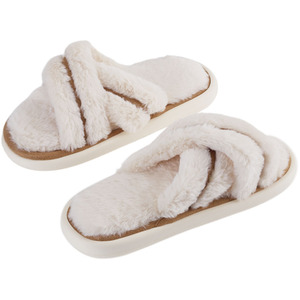 Plush Open-Toe Cross Strap Slippers - Tea White / 5-6 by komore
