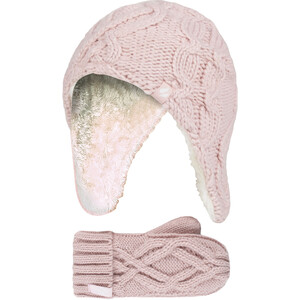 Girls Cable Knitted Bobble Trapper Hat and Mittens Set - Pink by Heat Holders