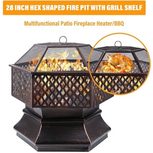 Hexagonal Fire Pit with Grill for BBQ - Bronze