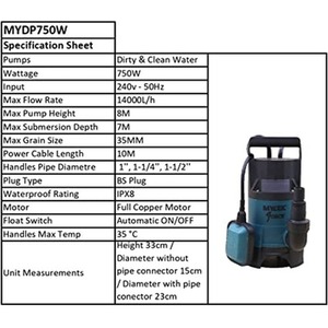Submersible Water Pump 750W With Optional Hose by Mylek