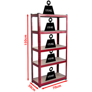 5 Tier Heavy Duty Adjustable Steel Garage Shelving Unit - 875kg Weight Capacity - Red / 30cm by Vida Designs
