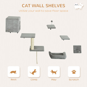 PawHut 6-Piece Cat Wall Shelves - Grey by PawHut