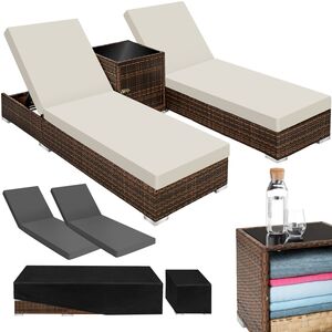 2 Rattan Sunloungers with Table and Protective Cover - Brown by tectake