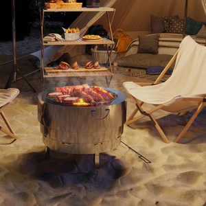 Outsunny Fire Pit with Grill Net, Stainless Steel Firepit with Poker - Silver by Outsunny