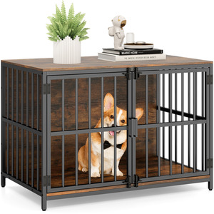 Dog Crate Furniture Dog Kennel - Brown by Costway