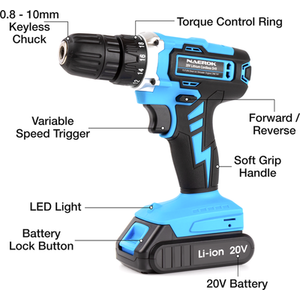 Cordless Drill 20V Li-Ion Battery Electric Screwdriver - Blue by Naerok