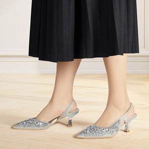 Heels Pointed Toe Slingback with Rhinestone Detail by Livingandhome