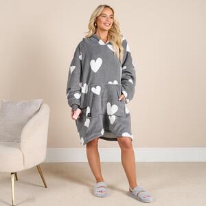 Heart Print Sherpa Heated Hoodie Blanket w Power Bank - Charcoal Grey by OHS
