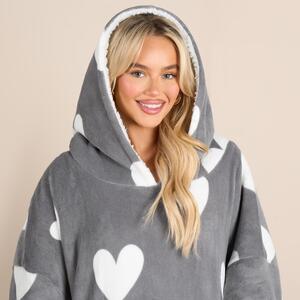 Heart Print Sherpa Heated Hoodie Blanket w Power Bank - Charcoal Grey by OHS