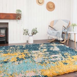 Blue Ochre Bold Distressed Abstract Shaggy Living Area Rug - Multicolour / 230cm by The Rug House
