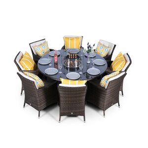 Savannah Fire Pit Round Rattan Patio Dining Set - Brown / 8 by Giardino