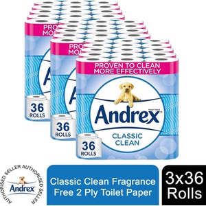 Andrex Toilet Rolls x36, x72 or x108 Classic Clean Fragrance-Free Toilet Paper - 2 Ply / 3 by Andrex