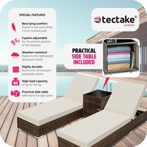 2 Rattan Sunloungers with Table and Protective Cover - Brown by tectake