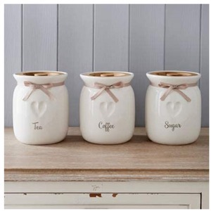 Set of 3 Tea Coffee Sugar Ceramic Canisters Engraved Heart Jars - White by DEENZ