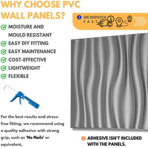 3D Wall Panels (50cm x 50cm) PVC Cladding Panel in Silver Waves Design by NOVECRAFTO