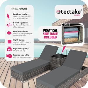 2 Rattan Sunloungers with Table and Protective Cover - Grey by tectake