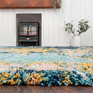 Blue Ochre Bold Distressed Abstract Shaggy Living Area Rug - Multicolour / 230cm by The Rug House