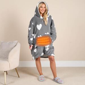 Heart Print Sherpa Heated Hoodie Blanket w Power Bank - Charcoal Grey by OHS