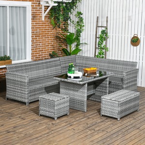 Outsunny 5 Pieces Patio Garden Rattan Sofa Furniture Set with Stools, Table - Grey by Outsunny