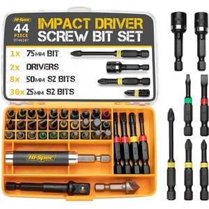 44 Piece Impact Drill Driver Screw Bit Set S2 Steel Hex PZ PH - Black by Hi-Spec