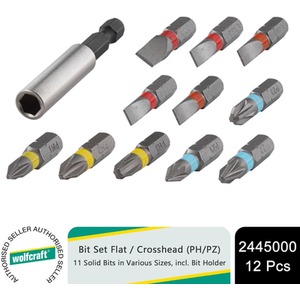 wolfcraft Bit Set Flat and Crosshead PH,PZ with Solid Bits and Bit Holder, 12Pcs - Drill Bit Set by wolfcraft