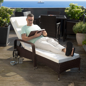 Rattan Garden Sun Lounger with 6 Position Backrest - Black/Beige by tectake