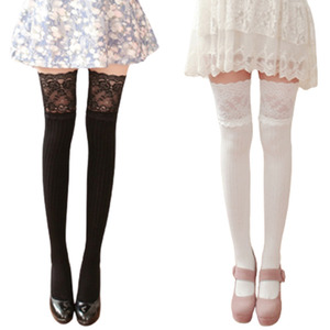Lace Long Over Knee Socks - White