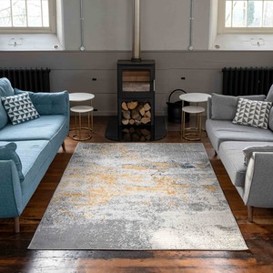 Silver Grey Ochre Distressed Abstract Living Area Rug by The Rug House