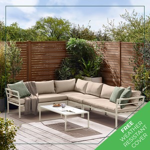 Metal Outdoor Sofa Set - Montenegro Grey Metal Corner Sofa and Table - 6 Seat - White by FurnitureboxUK