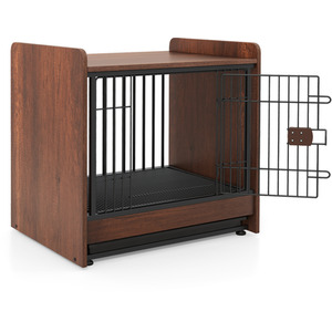 Dog Crate Furniture Wooden Dog Crate with Lockable Door - Brown by Costway