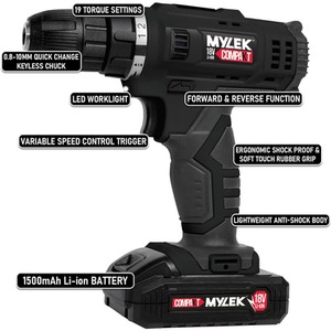 Mylek 18V Cordless Drill With 1500mAh Lithium Ion Battery Pack - Black by Mylek