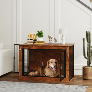 PawHut 2 Doors Dog Crate - Rustic Brown / 65.5cm by PawHut
