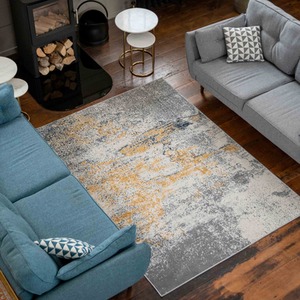 Silver Grey Ochre Distressed Abstract Living Area Rug by The Rug House