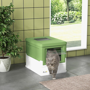 PawHut Cat Litter Box with Lid, Foldable Cat Litter Tray with Scoop - Light Green by PawHut