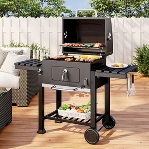 Mobile 2-layer Charcoal Grill BBQ Cooker with Side Shelves - Black / 138cm by Livingandhome