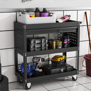 3 Tiers Tool Storage Trolley Shelf Cart with Lockable Sliding Drawer - Black by Livingandhome