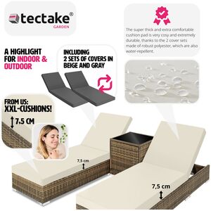 2 Rattan Sunloungers with Table and Protective Cover - Neutral by tectake