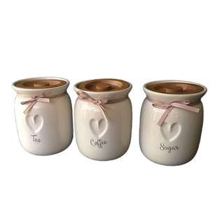 Set of 3 Tea Coffee Sugar Ceramic Canisters Engraved Heart Jars - White by DEENZ