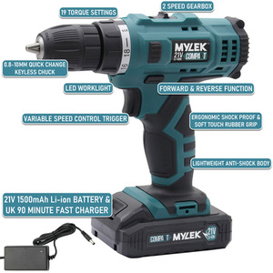 MYLEK Cordless Drill 21V With 29-Piece Accessory kit and Case - Blue by Mylek