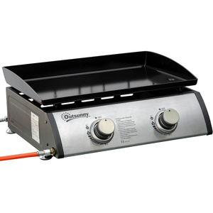 Outsunny Portable Gas BBQ Plancha Grill with 2 Burners for Camping Picnic - Silver by Outsunny